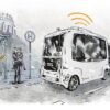 Obrazek przedstawia grafikę koncepcyjną projektu KelRide. Na przystanku są ludzie, którzy zamawiają autonomiczny autobus a on właśnie podjeżdża.