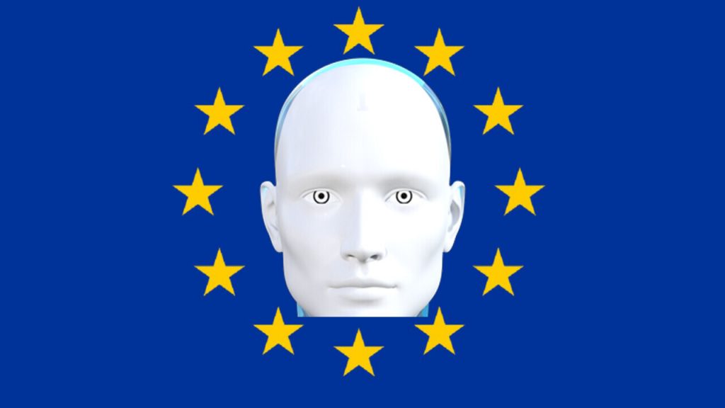 Obrazek przedstawia głowę robota symbolizującego AI na tle flagi Unii Europejskiej.