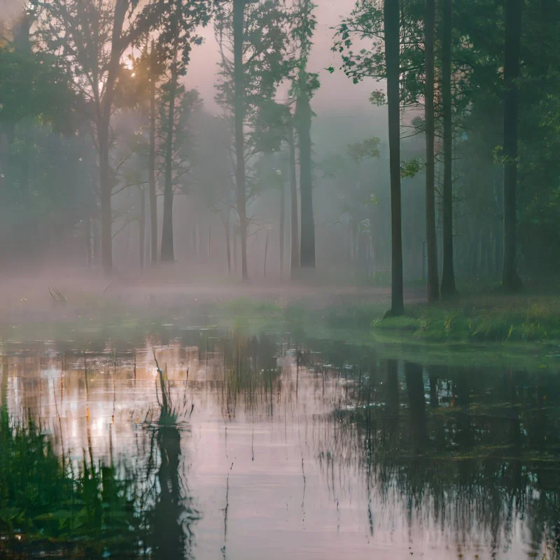 obraz wygenerowany przez Nvidia GauGAN, przedstawiający jezioro otoczone drzewami w mglisty dzień
