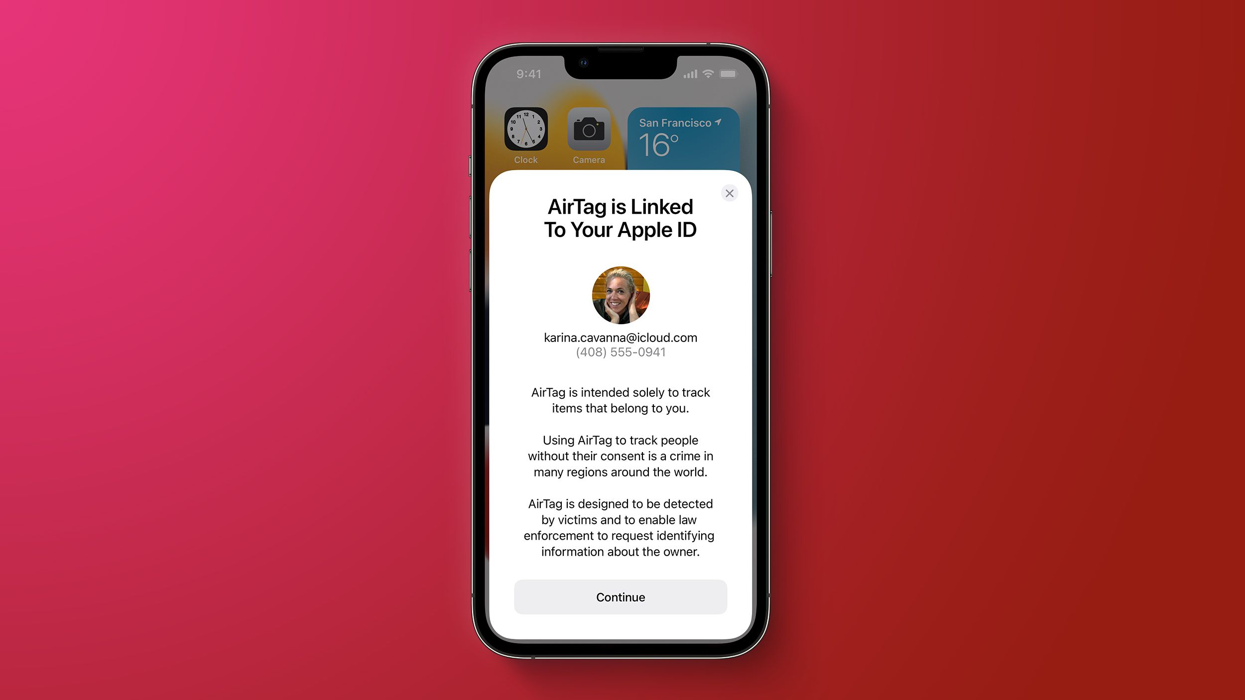 Komunikat mówiący o powiązaniu AirTaga z kontem Apple ID