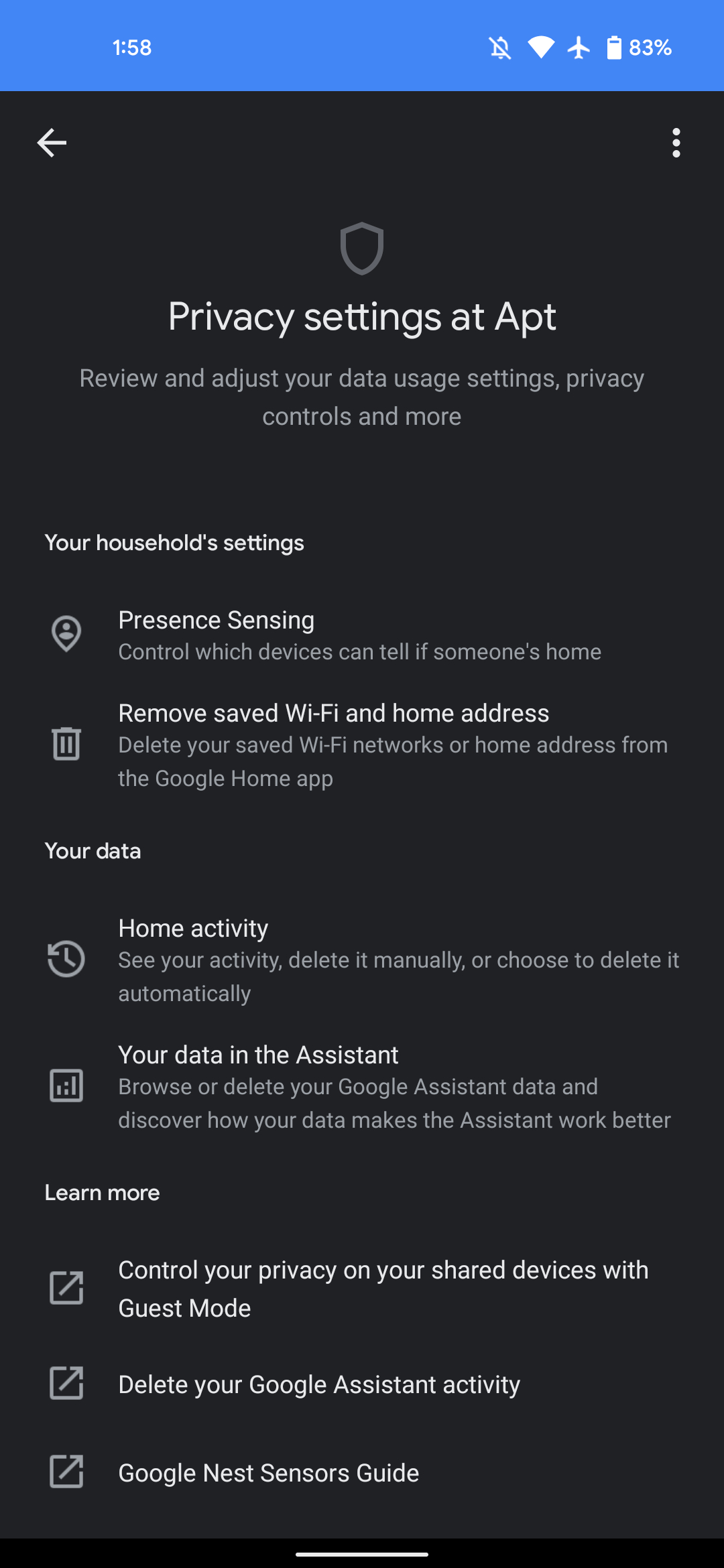 Google Home panel ustawień prywatności