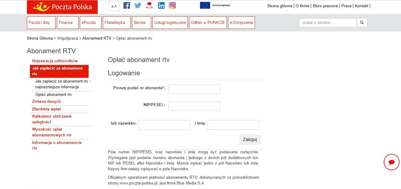 Abonament RTV - płacenie przez stronę Poczty Polskiej