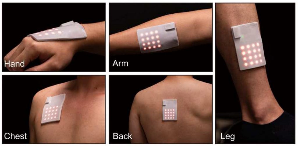 Miękka, elastyczna e-skóra może być przyczepiana do różnych części ciała (źródło: CityU, Li, D. i in.)
