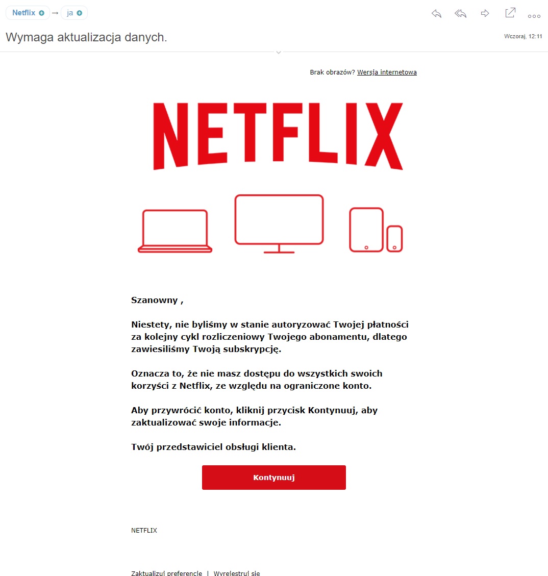 Fałśzywy mail "od Netflixa" (fot. Katarzyna Pura / Oiot.pl)