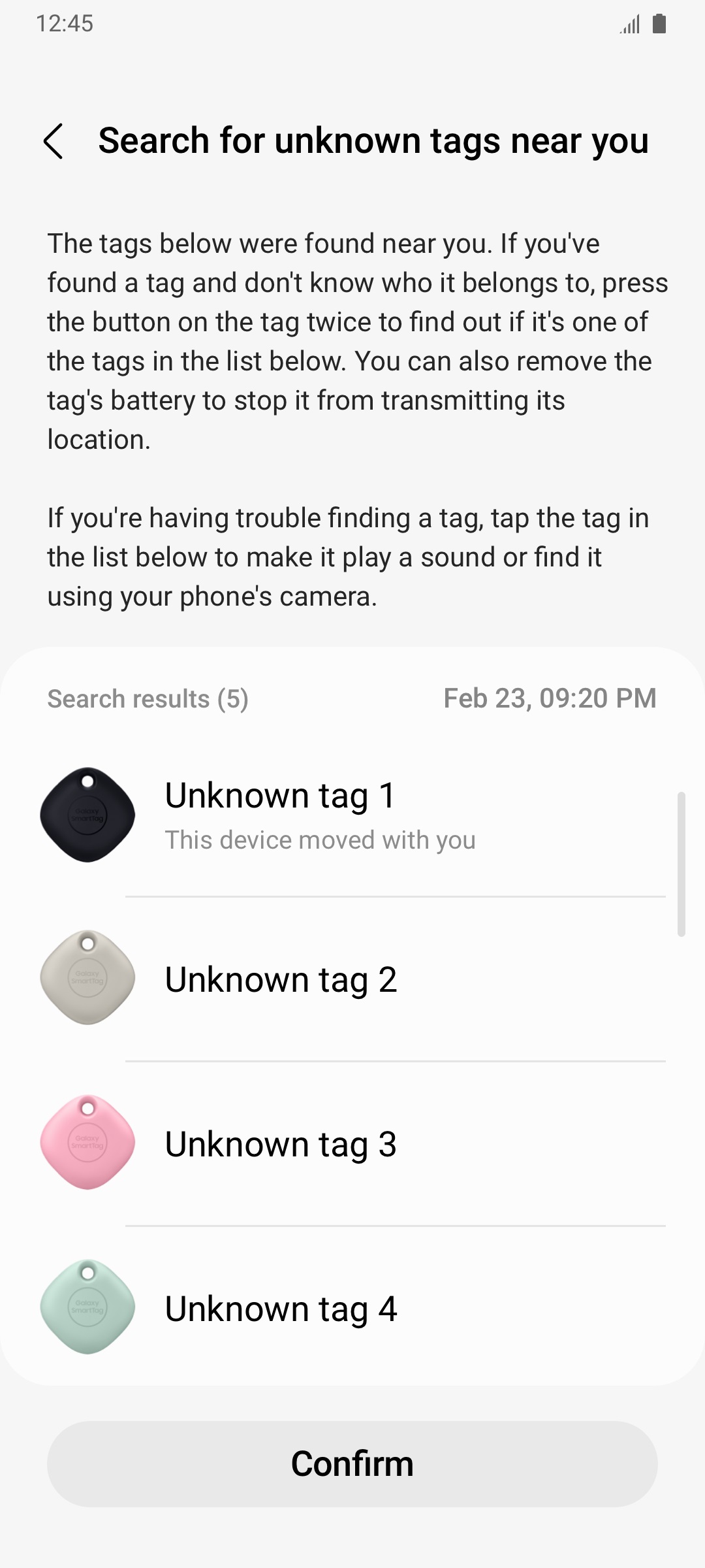 "Ostrzeżenia o nieznanych tagach" (źródło: Samsung)