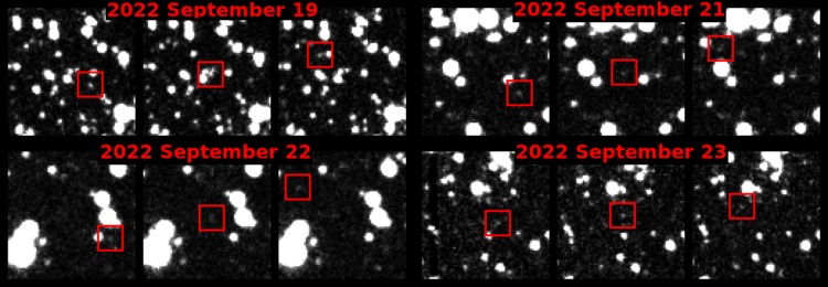 Obrazy odkrywcze z przeglądu ATLAS, z 2022 SF289 widocznym w czerwonych ramkach (źródło: ATLAS/Instytut Astronomii Uniwersytetu Hawajskiego/NASA)