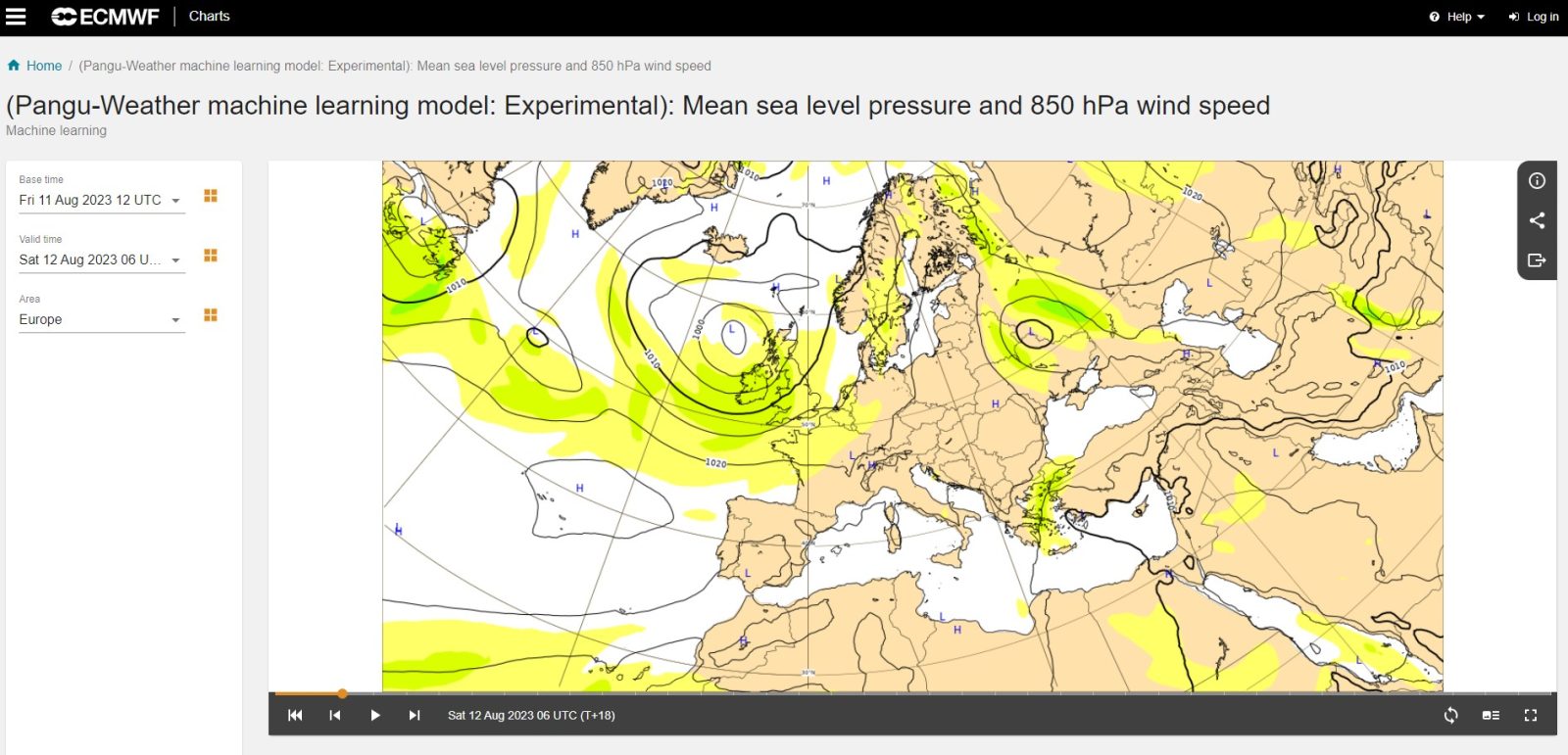 Średnie ciśnienie na poziomie morza i prędkość wiatru 850 hPa (źródło: ECMWF)