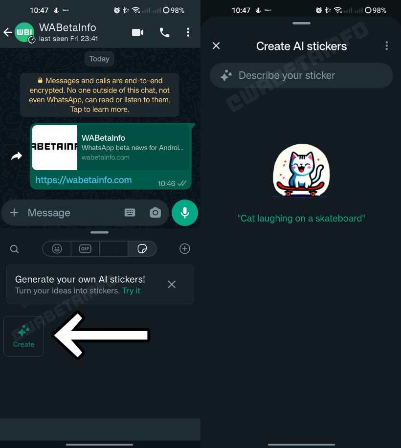 Generowanie naklejek w WhatsApp dzięki AI (źródło: WEBetaInfo)