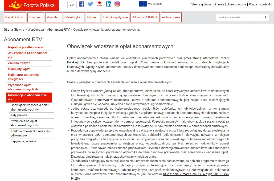 Obowiązek wnoszenia opłaty w ramach abonamentu RTV (źródło: Poczta Polska)