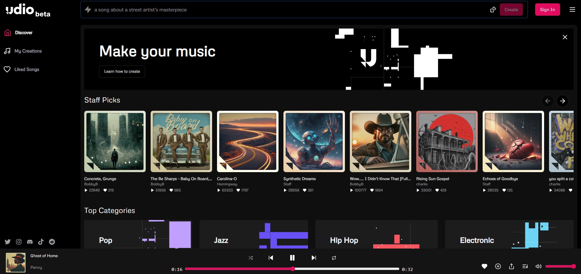 Generator muzyki oparty o AI (źródło: Udio)
